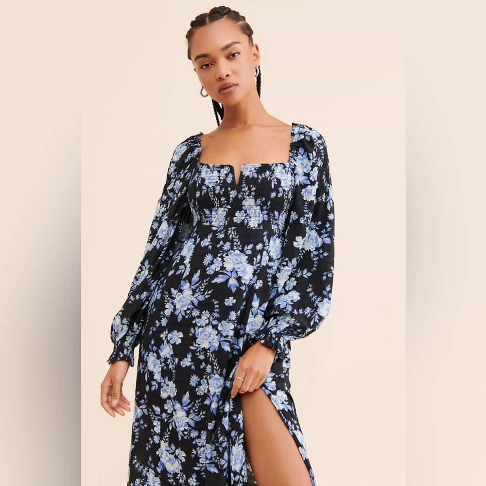 Free People Black and Blue Floral Long Sleeve Dress- Jaymes Midi Dress